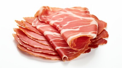 Close-up realistic photo featuring a thinly sliced jamon de bellota against a white background Generative AI