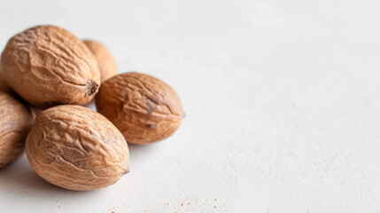 The Close Up Photography of Some Nutmeg Seeds, Textured Detail, Isolated On White, Perfect For Educational Content Or Spice Displays.