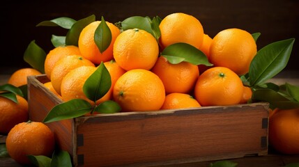 Close-up realistic photo of a box filled with juicy oranges and tangerines Generative AI