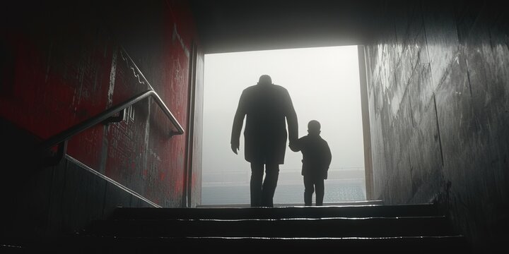 Father and son walking out of the baseball stadium tunnel towards the field on a sunny day