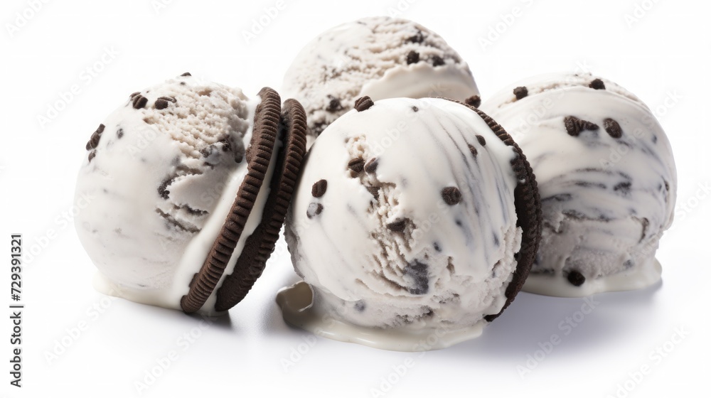 Poster Close-up realistic photo of three scoops of decadent cookies and cream ice cream on a white background Generative AI