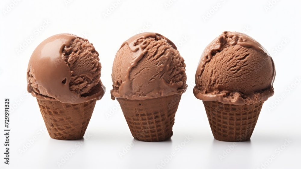 Poster close-up realistic photo of three scoops of rich chocolate ice cream on a white background generativ