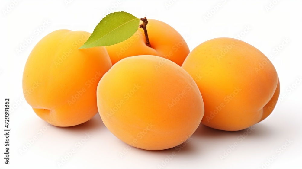 Poster close-up realistic photo of three sweet, golden apricots on a white background generative ai