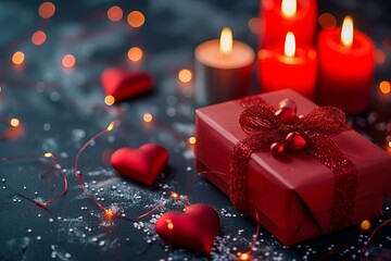 Red gift on red background among heart-shaped confetti with candles with copy space. Valentine's day, romance, love, wedding anniversary concept