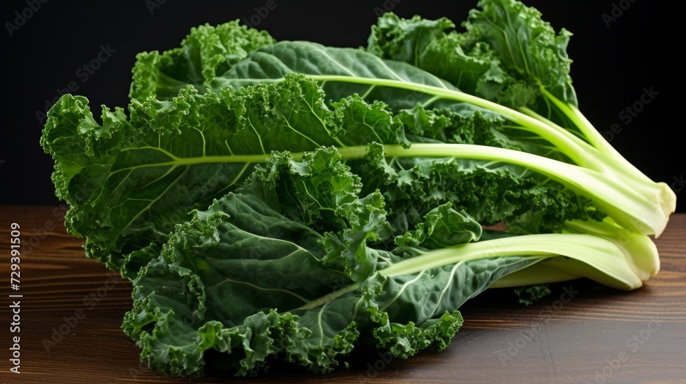 Poster close-up realistic photo showcasing three vibrant green kale leaves on a white background generative