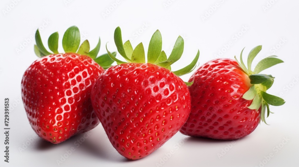 Poster Close-up realistic photo showcasing three vibrant strawberries on a white background Generative AI