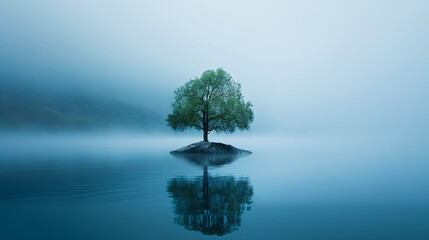 A lonely tree in the middle of a lake on a small island during the morning fog - Powered by Adobe