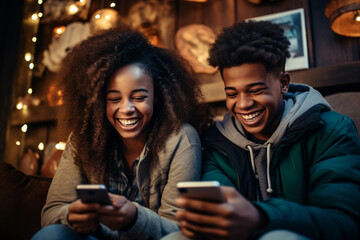 Two African American teenagers students sit together laughing looking in phone screens of their mobile phones. Problem of free time spending of young people concept