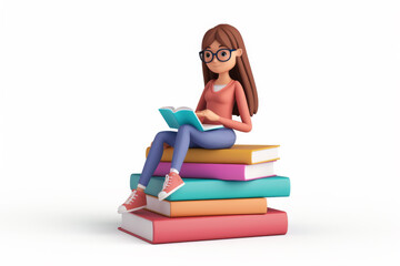 3d cartoon woman sitting on books illustration isolated on white background.