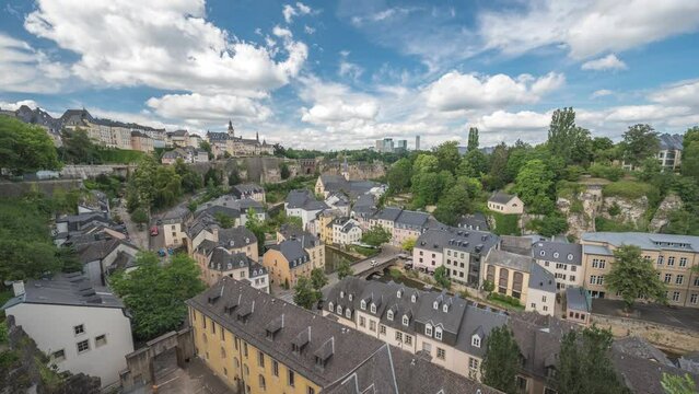 Grand Duchy of Luxembourg time lapse, city skyline at Grund along Alzette river in the historical old town of Luxembourg