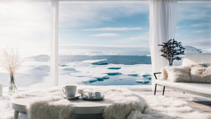 white woolen blanket lies on a soft, cozy chair in a white room with a panoramic window. Winter...