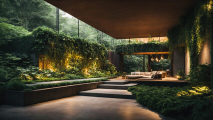 stunning biophilic home hidden deep in a mysterious, shady forest. organically merging with the...