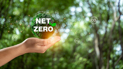 Hand of human holding earth with Net Zero icon, carbon neutral and net zero concept for net zero...
