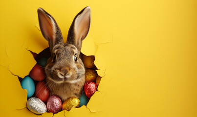 Easter Bunny peeking out of a hole with chocolate easter eggs on pastel wall banner, Generative AI - obrazy, fototapety, plakaty