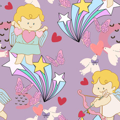 Valentine party doodle cupid seamless pattern charracter cartoon for wedding card, valentine 's day, interior design