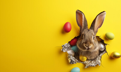 Easter Bunny peeking out of a hole with chocolate easter eggs on pastel wall banner, Generative AI