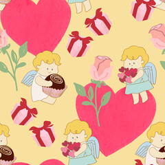 Valentine party doodle cupid seamless pattern charracter cartoon for wedding card, valentine 's day, interior design
