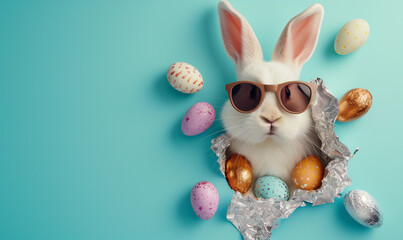Easter Bunny peeking out of a hole with chocolate easter eggs on pastel wall banner, Generative AI