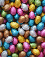 Colourful background of chocolate easter eggs collection wrapped in folio, Easter concept made with AI - obrazy, fototapety, plakaty