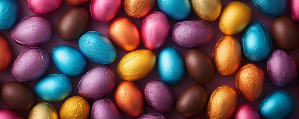 Fototapeta na wymiar Colourful background of chocolate easter eggs collection banner, Easter concept 