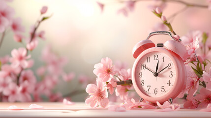 Old retro alarm clock and beautiful pink cherry flowers in pastel pink colors, the awakening of...