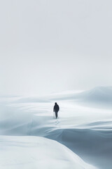 A man walking across a white landscape.