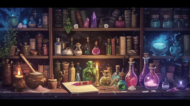 Illustration of occult magic magazine and shelf with various potions, bottles, poisons, crystals, salt. Alchemical medicine concept	