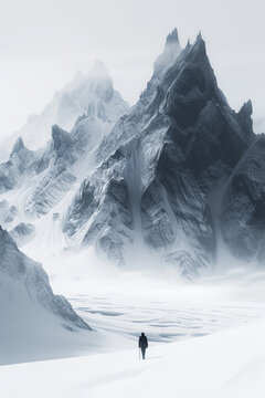 An abstract image of mountains with a person walking.
