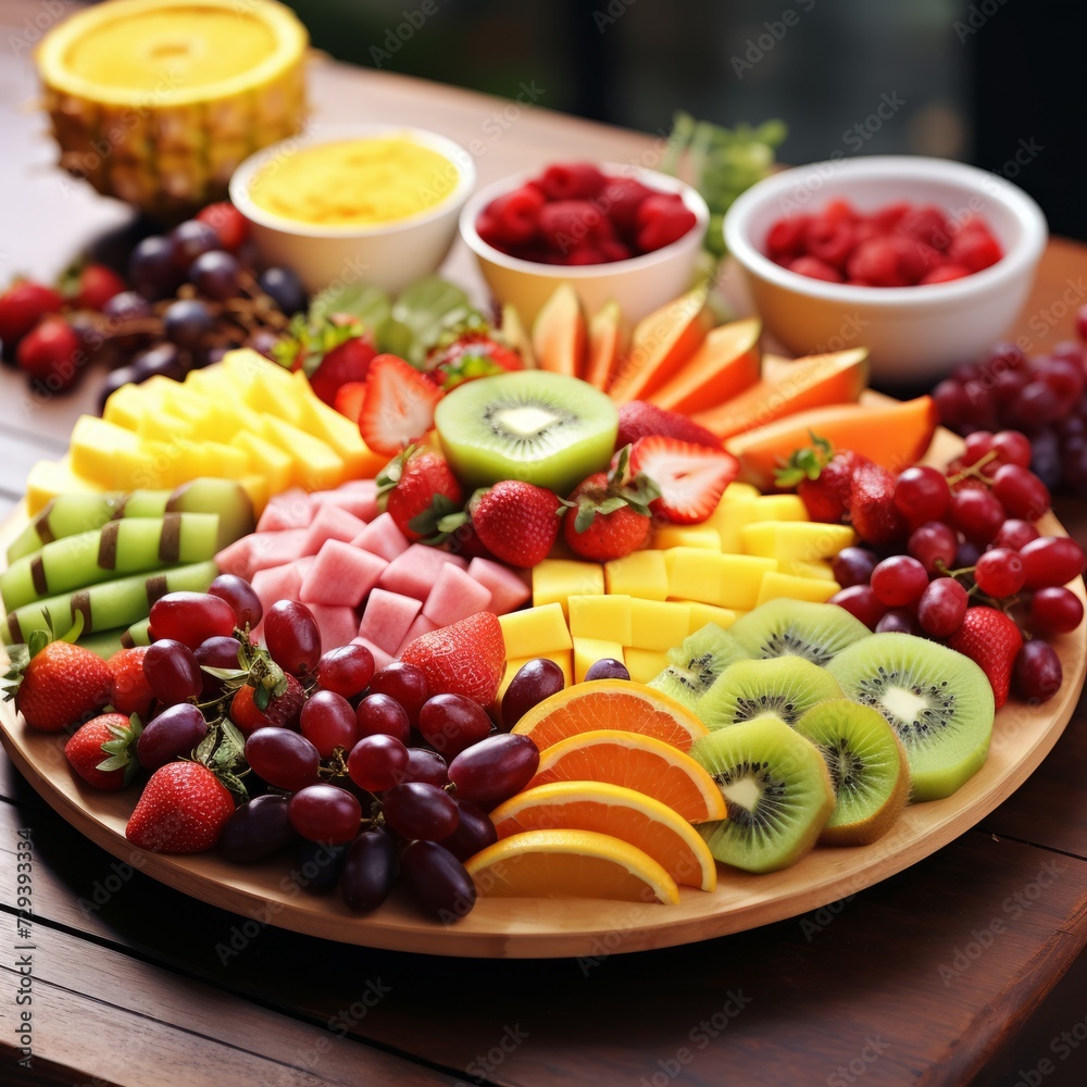 Poster stock image of a nutritious fruit platter, variety of fruits, fresh and appetizing generative ai