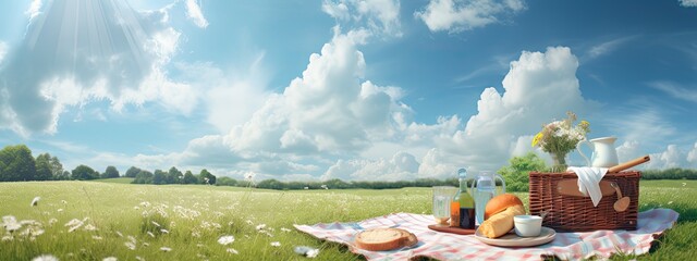 A serene blue sky dotted with fluffy white clouds, a perfect backdrop for a peaceful afternoon picnic