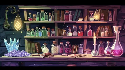 Illustration of occult magic magazine and shelf with various potions, bottles, poisons, crystals, salt. Alchemical medicine concept	 - obrazy, fototapety, plakaty
