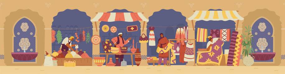 Arabian street bazaar with sellers with pottery, carpets, clothes and spices stalls vector horizontal banner. Middle Eastern market flat vector illustration.