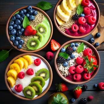 Stock image of a variety of colorful smoothie bowls with fresh fruit toppings, nutritious and delicious Generative AI