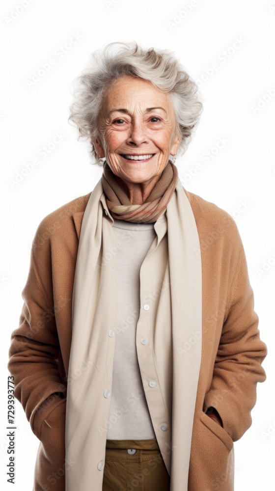 Poster stock image of an elderly woman in casual attire on a plain white background generative ai
