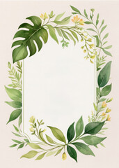 Watercolor floral frame with leaves and flowers on white background