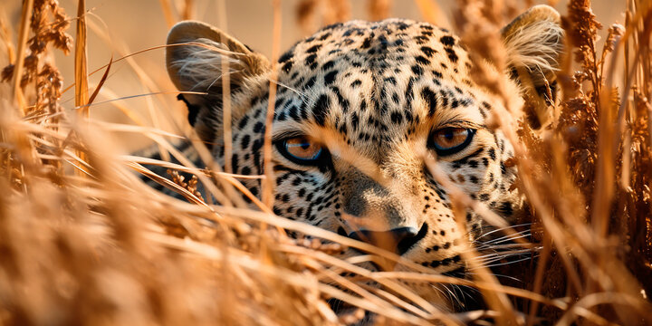 Photorealistic image of a cheetah in dry grass. Cheetah in ambush