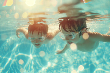 Happy children swimming in the pool with bokeh lights background.