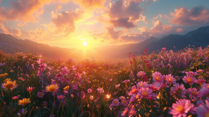 Fototapeta na wymiar A peaceful spring meadow with blooming wildflowers and a gentle sunrise, symbolizing new beginnings. Flowers background.