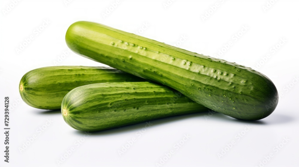Poster Three fresh cucumbers captured in a close-up realistic photo against a white background Generative AI