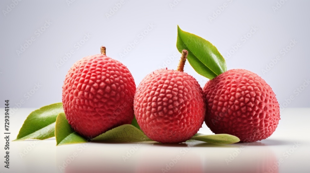 Poster three fresh, succulent lychees captured in a close-up realistic photo against a white background gen