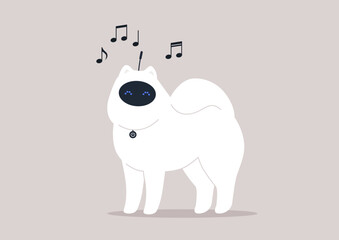 A charming white robot dog, seemingly singing a tune indicated by the musical notes floating above
