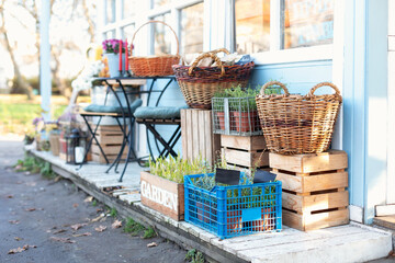 Baskets next to garden equipment by the wall of home. Gardening concept. Fresh green spices herbs on veranda at home. Showcase with Spicy herbs in market. House terrace with wicker baskets and flowers