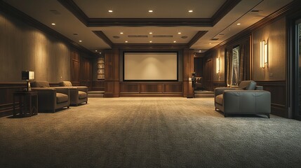 Spacious modern basement interior with soft carpeting and minimalistic design - obrazy, fototapety, plakaty