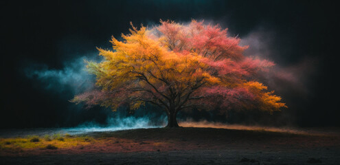 huge trees of life blend with psychedelic colored galaxies with stars, black