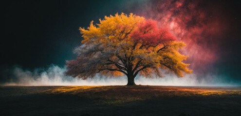 huge trees of life blend with psychedelic colored galaxies with stars, black