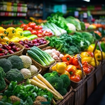 Stock image of fresh organic vegetables and fruits in a market or grocery store, healthy and natural produce Generative AI