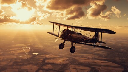 Vintage biplane flying over open farmland, sunny skies, nostalgic sepia tones Generative AI