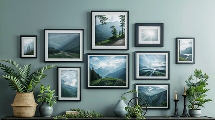 Wall Art of Different Size Framed Photos Hanging on the Gray Wall