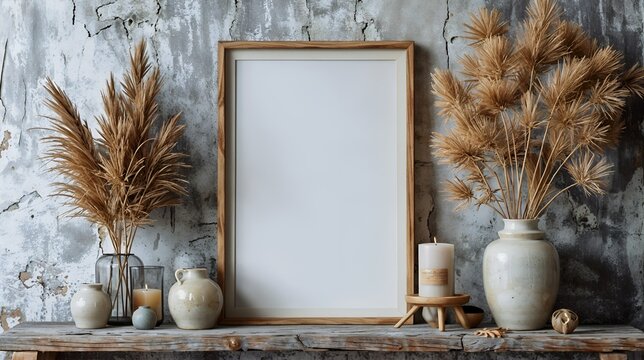 Blank Mock-Up Poster Frame Close Up on Shelf with Decoration