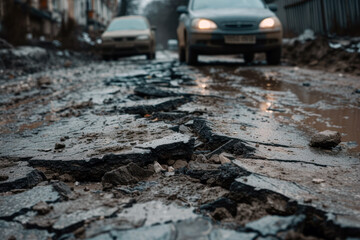 Road is damaged by large cracks and breaks. Broken and uneven road